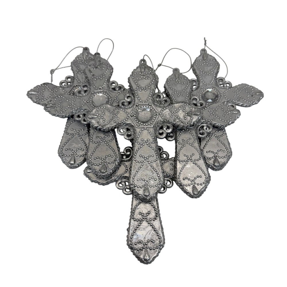 Lot of 6 Antiqued Pewter Silver Gemmed Filigree Cross Christmas Ornaments Goth